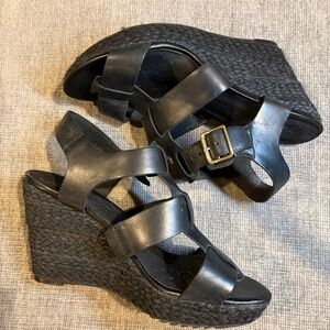 Clarks Black Leather Wedge Sandals, Sz 8